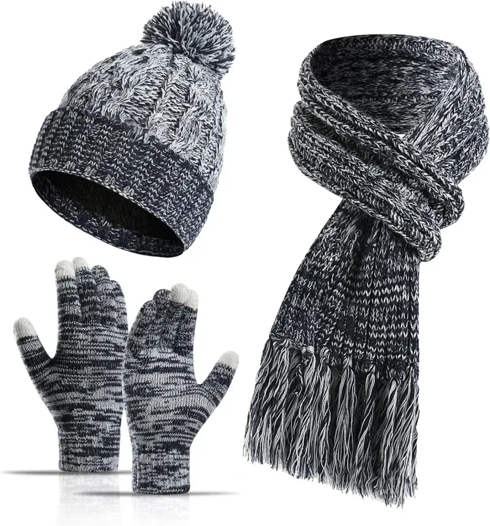 Honnesserry Winter Warm Beanie Hat Scarf and Touchscreen Gloves Set for Womens Skull Caps Neck Scarves with Fleece Lined