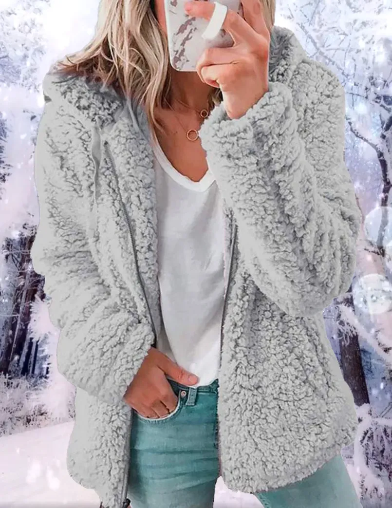 Solid Plush Hooded Zipper Coat