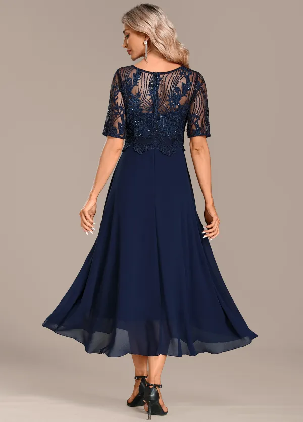 Navy Lace Short Sleeve Round Neck Dress