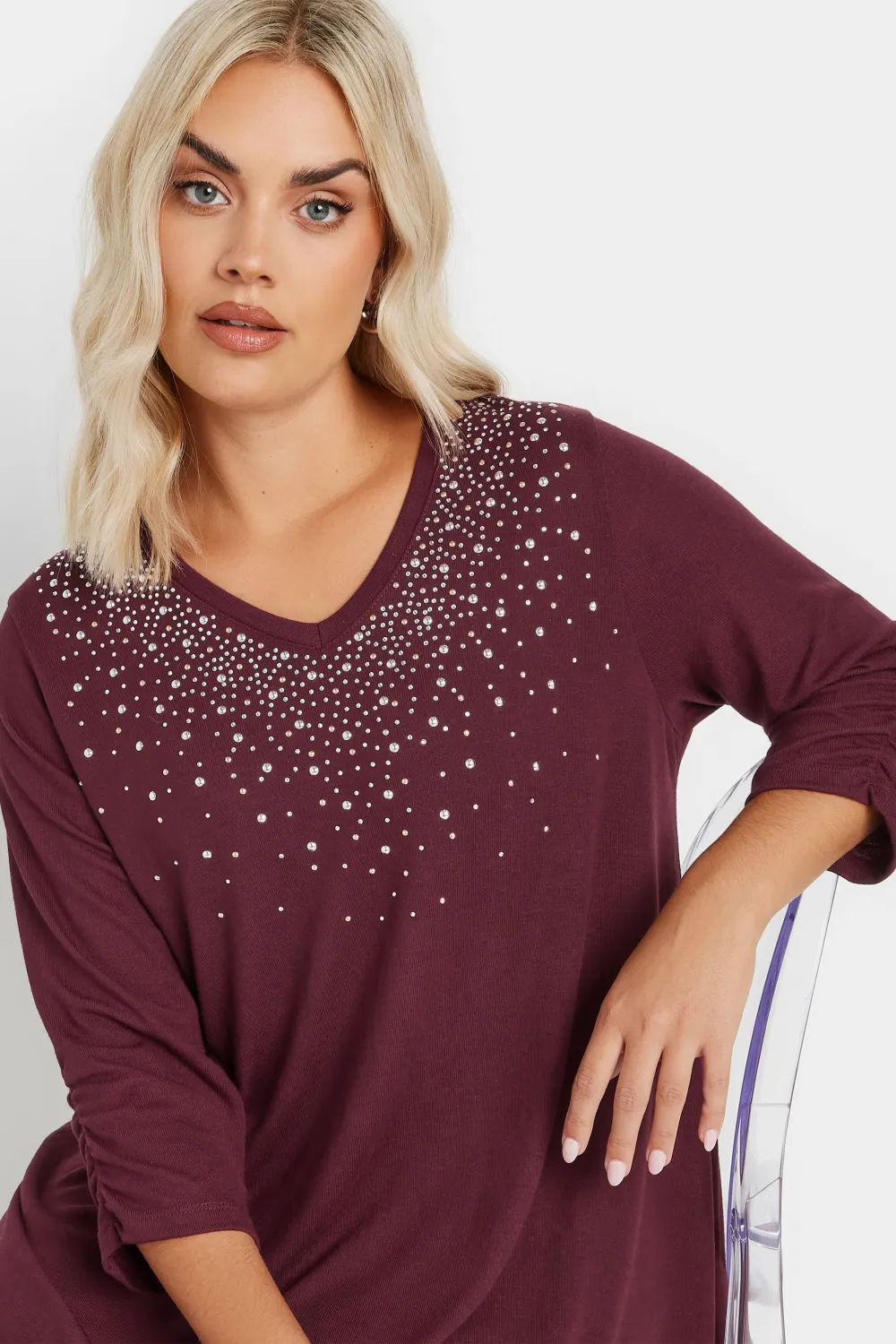 YOURS Curve Burgundy Red Diamante Stud Swing Top