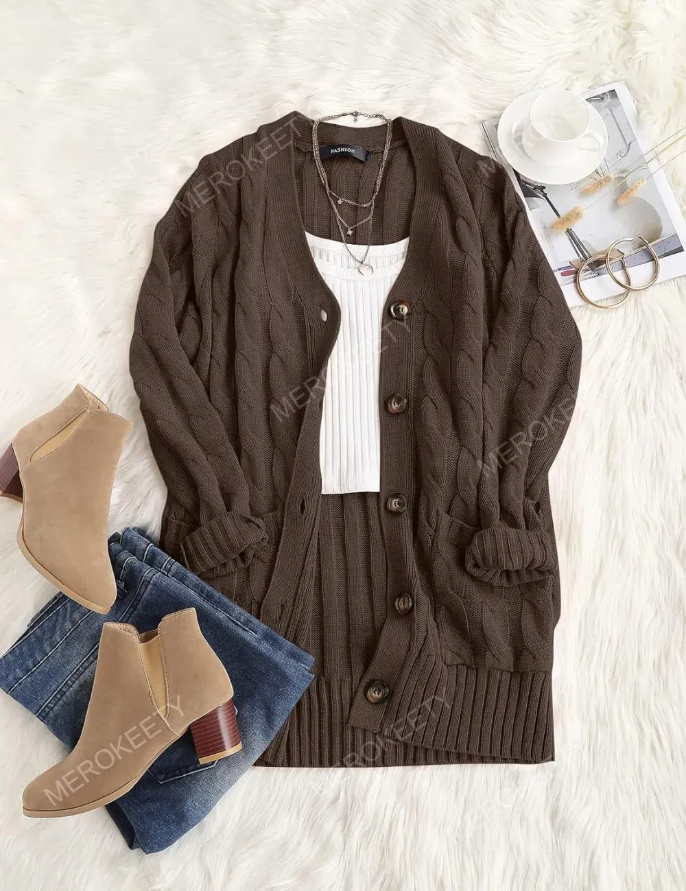 MEROKEETY Women's 2024 Fall Long Sleeve Cable Knit Sweater Open Front Cardigan Button Loose Outerwear