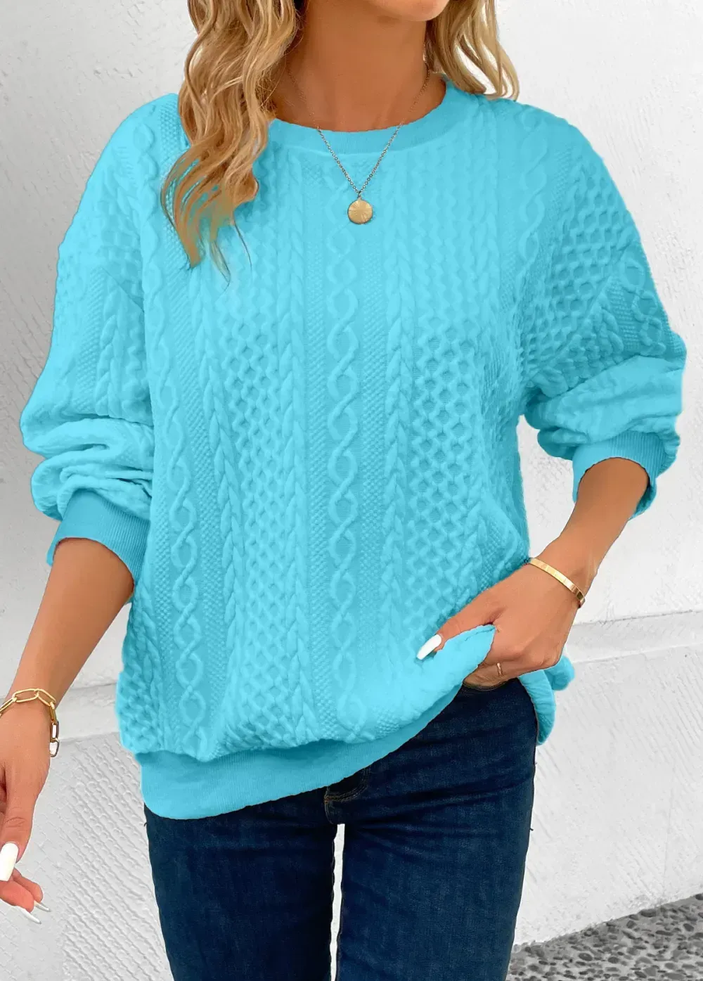 Light Blue Patchwork Long Sleeve Round Neck Sweatshirt