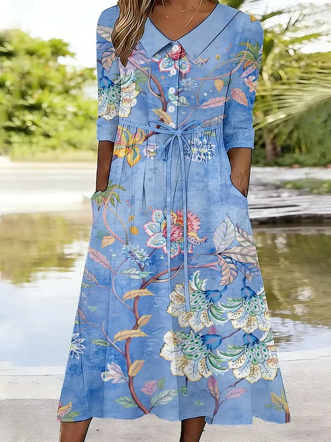 Women's Vintage Floral Design Lace Up Pocket Dress