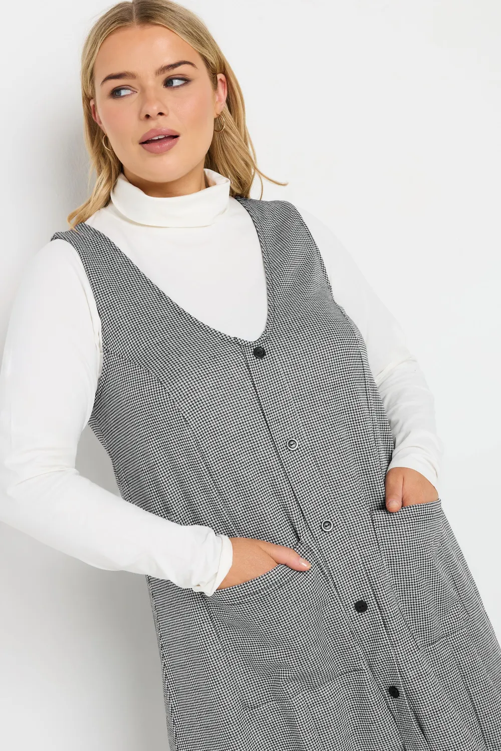 YOURS Curve Grey Check Print Button Through Pinafore Dress