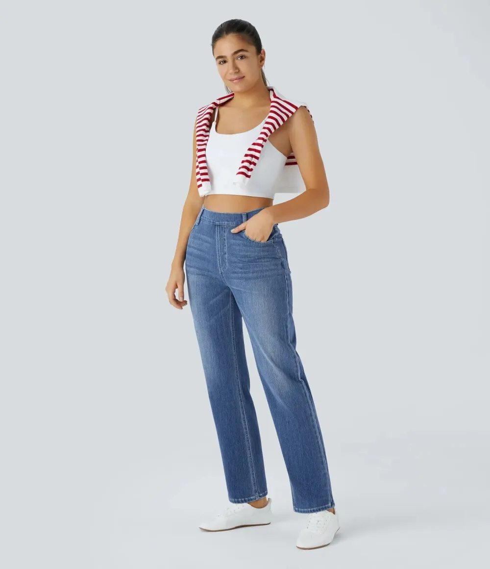 High Waisted Multiple Pockets Straight Leg Washed Stretchy Knit Casual Jeans