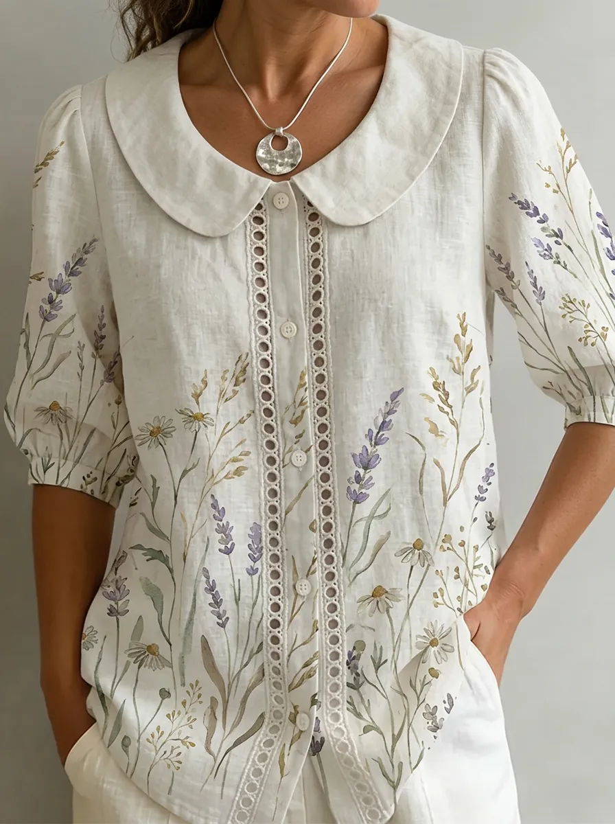 Women's Nashville Botanical Lavender Daisy Printed Linen Blouse