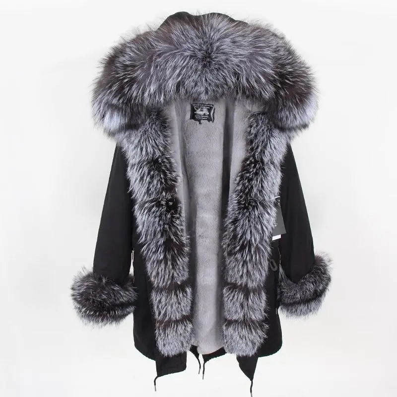 Women's Parka Fox Fur Coats Real Fur Winter Long Black Park Cotton Thick Warm