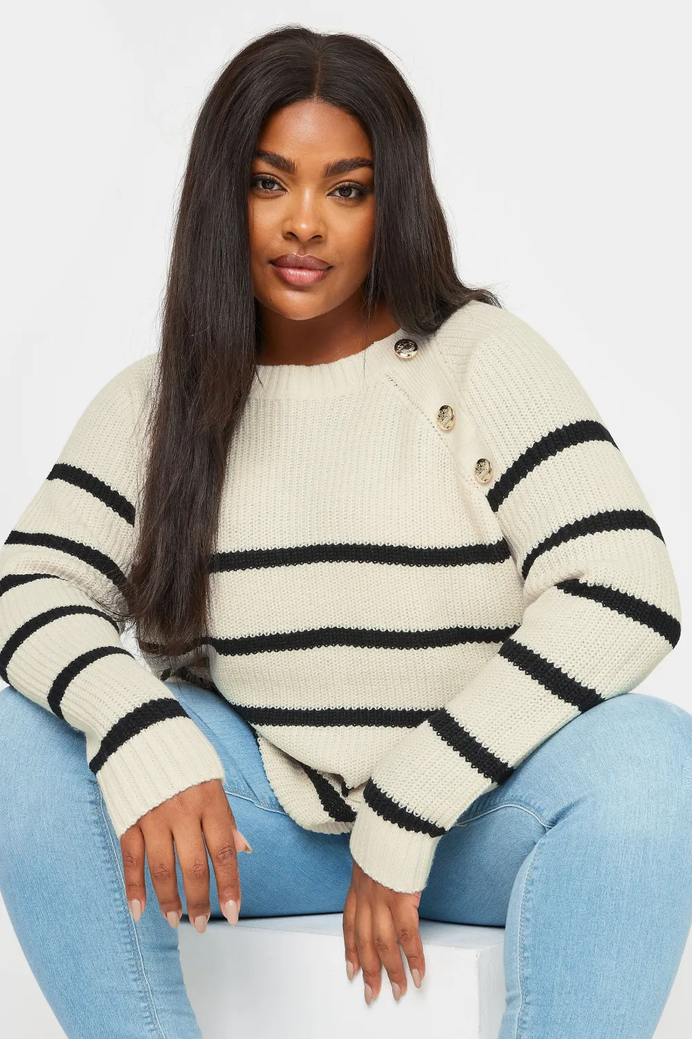 YOURS Curve Ivory White Stripe Button Detail Jumper