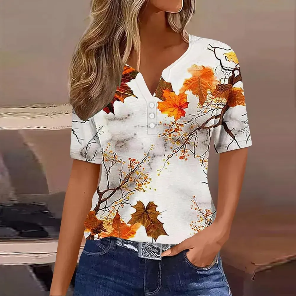Shirts for Women Casual Printed Summer Tops Short-Sleeved Button V-Neck Tops Blouse Fashion Boho T-Shirts