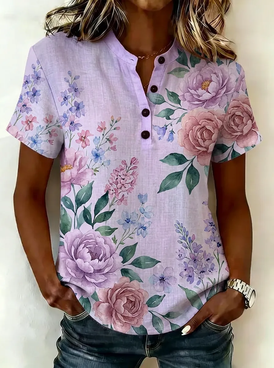 Women's Nashville Floral Botanical Printed Henley Shirt
