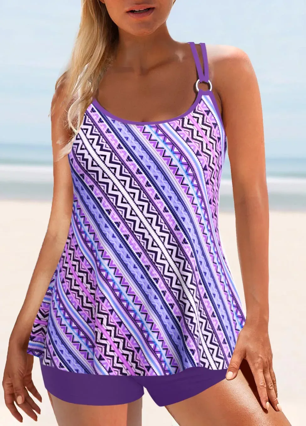 Metal Ring Leaf Print Coral Red Tankini Top
