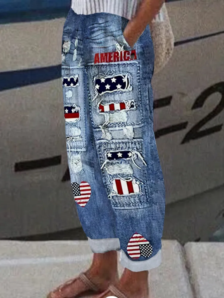 Women's Independence Day Print Vintage Linen Blend Casual Pants
