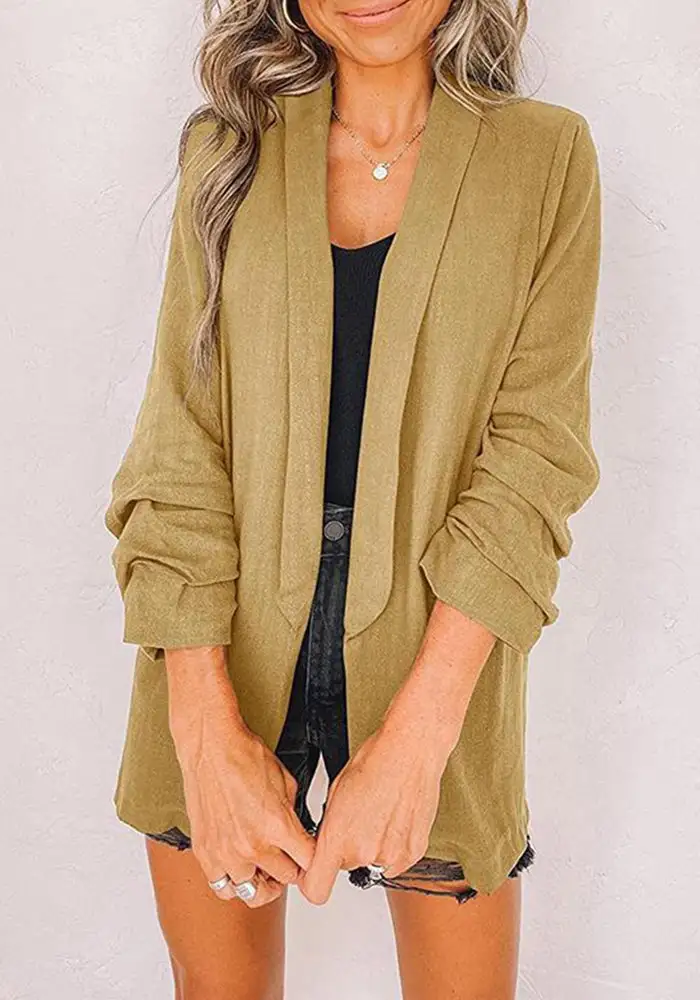 Plain Shawl Collar Ruched Sleeve Blazer
