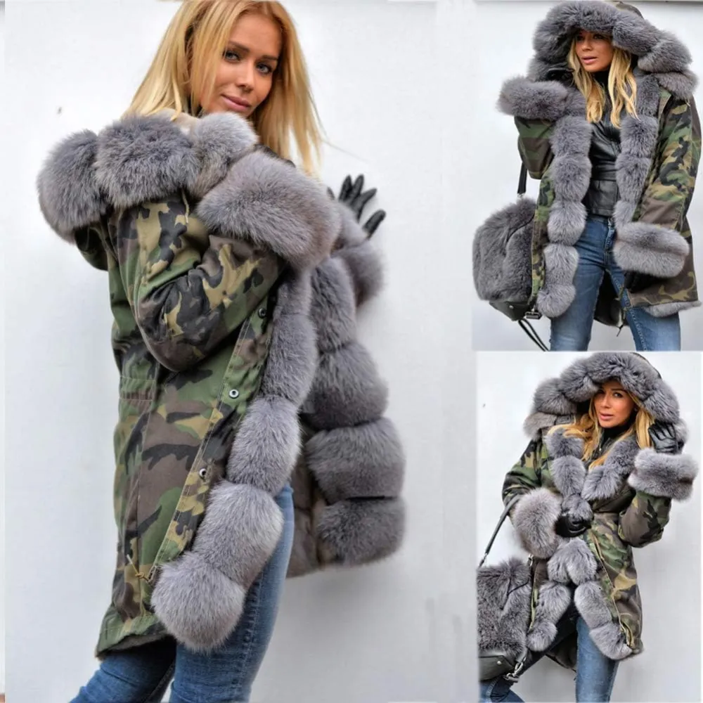 Womens Hooded Camouflage Warm Winter Coats Faux Fur Jacket Parka Overcoat