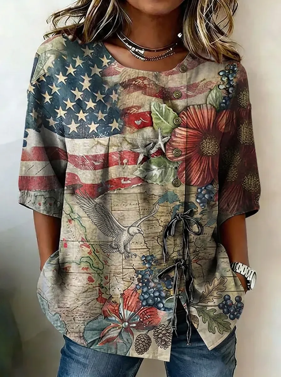 Women's Nashville USA Flag Eagle Floral Printed Button Top