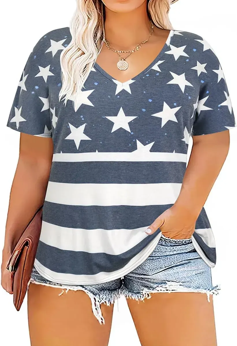 TIYOMI Plus Size T Shirt for Women Short Sleeve Tunic Cross Line Shirts Round Neck Tops Summer Blouse XL-5XL 14-28