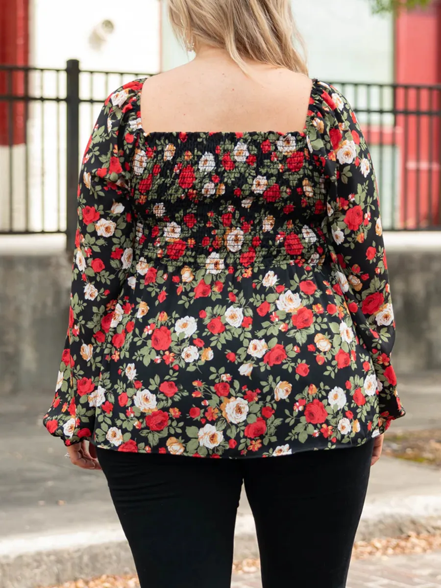 三个分类-Flower pattern pleated square neck lantern sleeve shirt