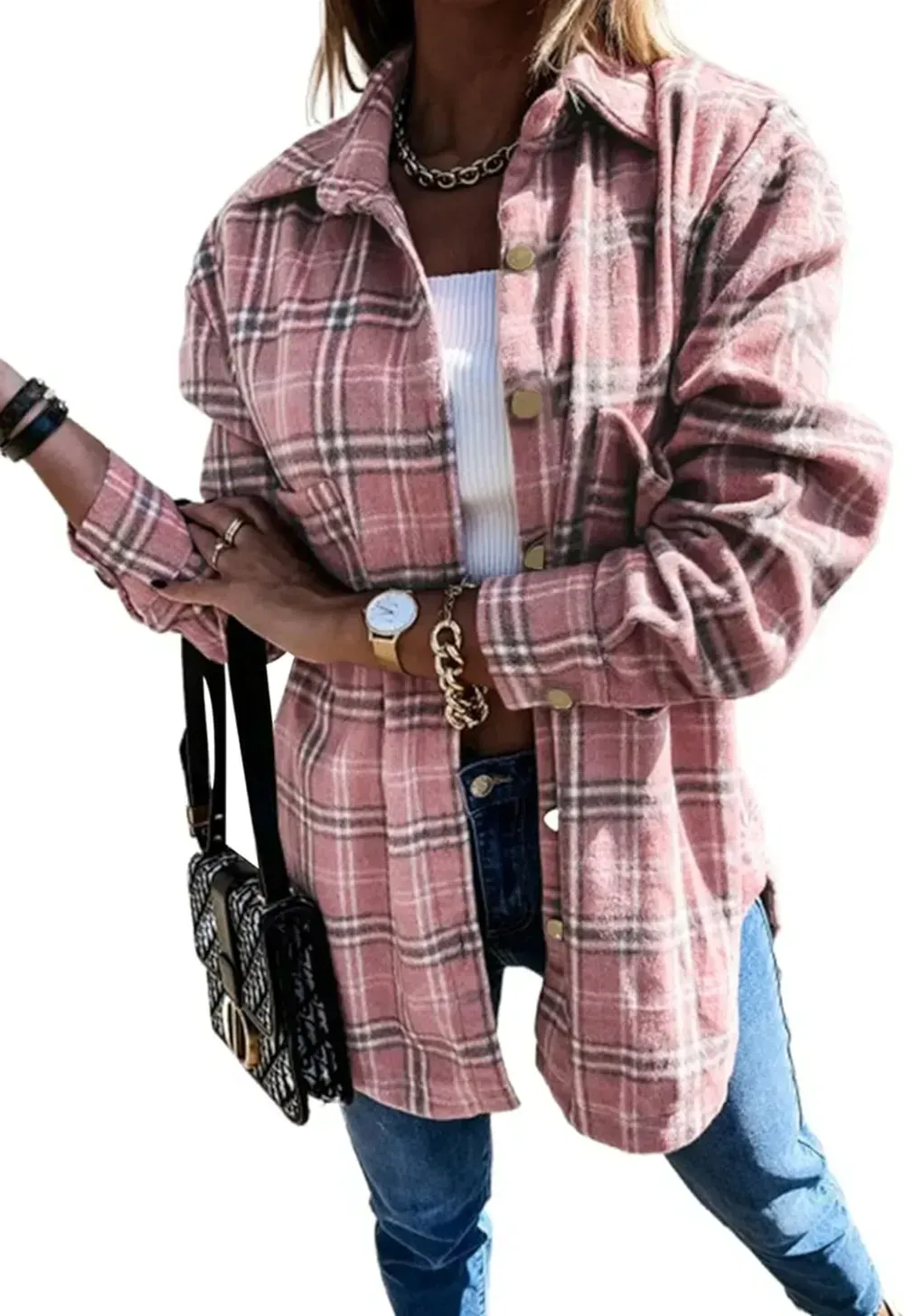 Women's 2023 Fall Clothes Plaid Shacket Jacket Long Sleeve Button Down Flannel Shirts Fashion Blouse