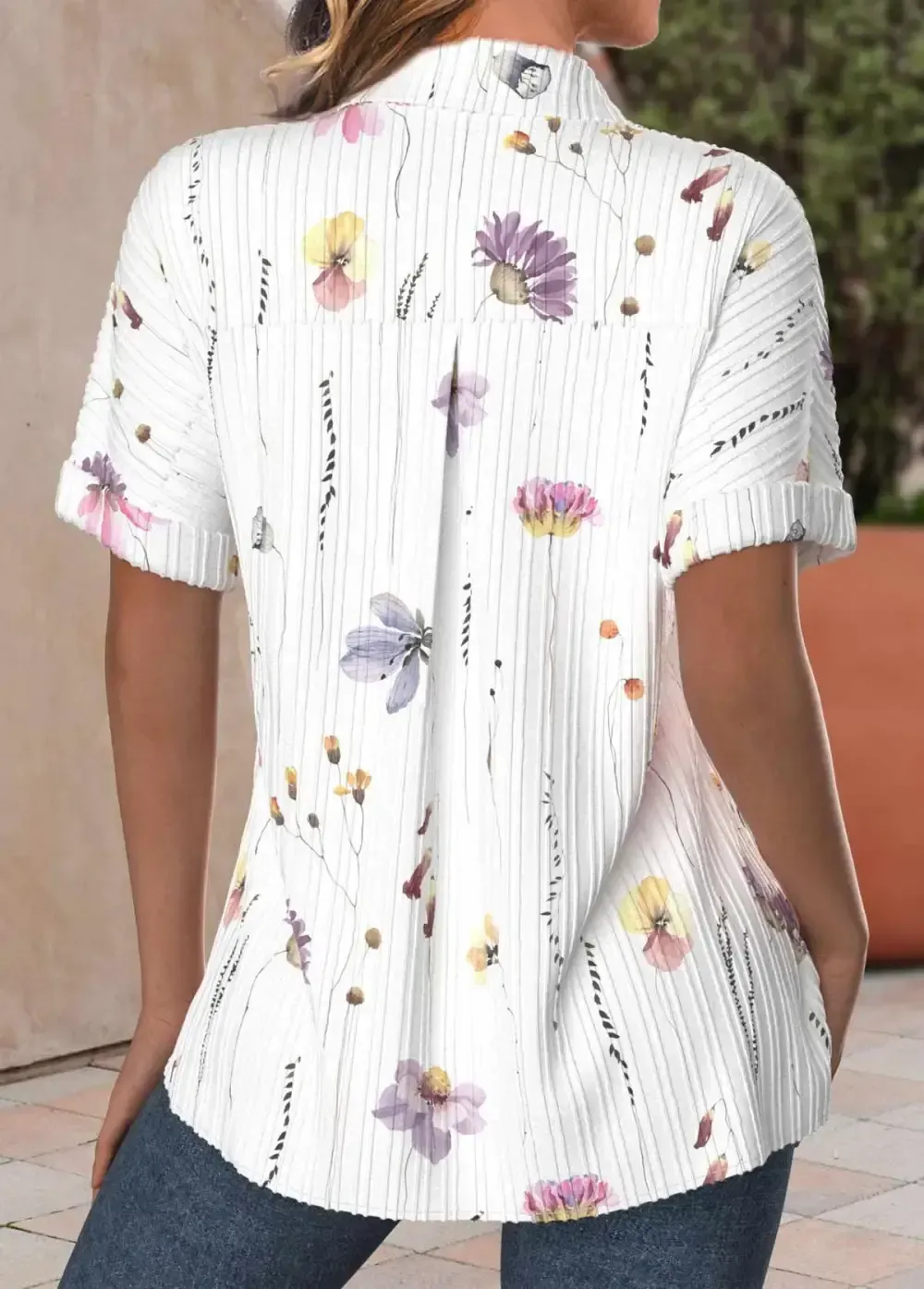 White Textured Fabric Floral Print Short Sleeve Blouse