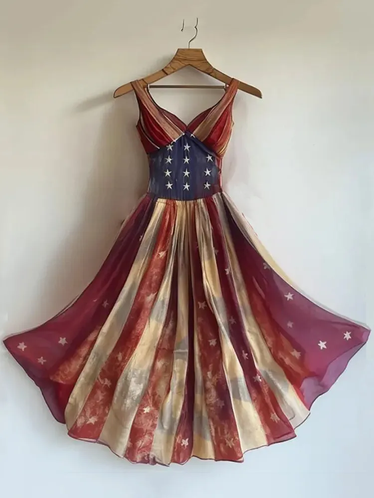 Women's Vintage Independence Day Flag Themed Suspender Dress