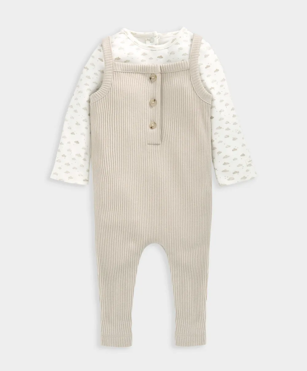 Ribbed Dungarees & Bodysuit Outfit Set - Oatmeal