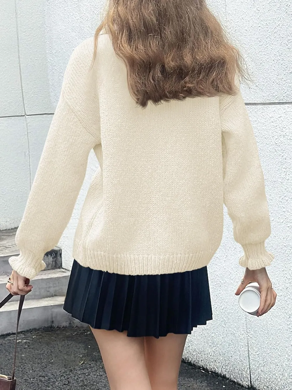 🎄Hot Sale Ruffle Cardigan Oversized Button Up Ribbed Knit Open Front Long Sleeve Loose Sweater