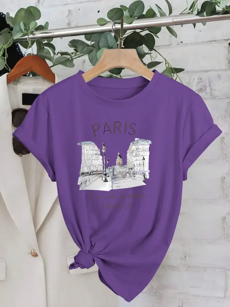 Women's Paris Print Casual Summer Crew Neck Short Sleeve T-Shirt