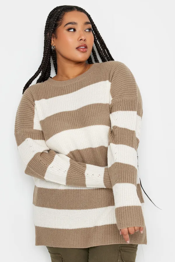 YOURS Curve Brown Stripe Ribbed Knit Jumper