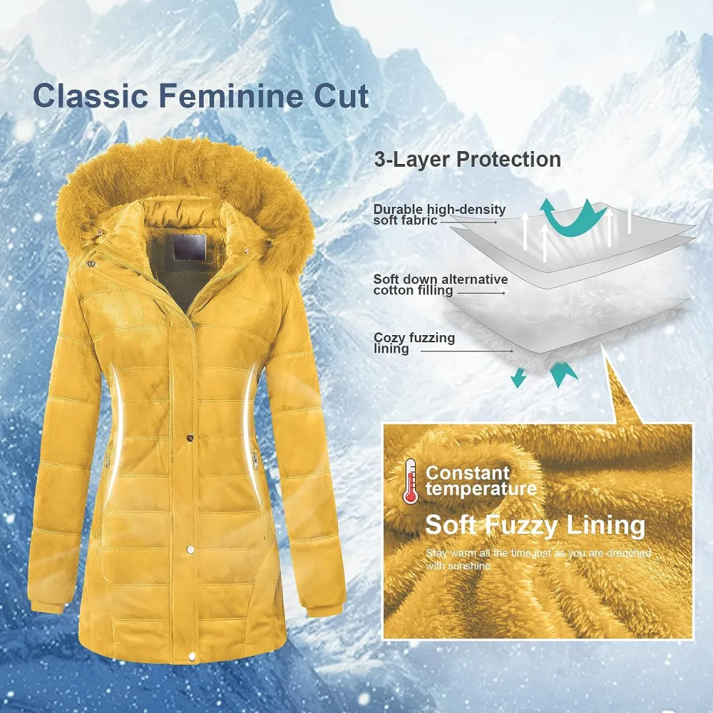 Women's Warm Winter Coat Velvet Puffer Jacket Quilted Faux Fur Hood