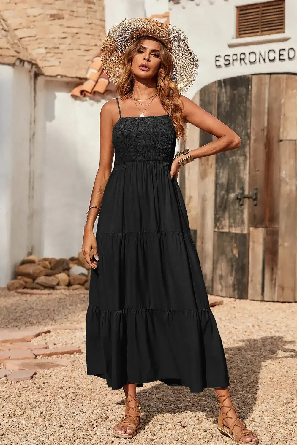 Sleeveless Spaghetti Strap Smocked Tiered Maxi Dress