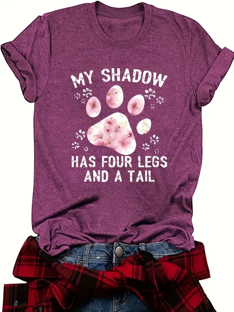 Paw Print Crew Neck T-Shirt, Casual Short Sleeve Top For Spring & Summer, Women's Clothing