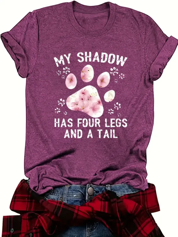Paw Print Crew Neck T-Shirt, Casual Short Sleeve Top For Spring & Summer, Women's Clothing