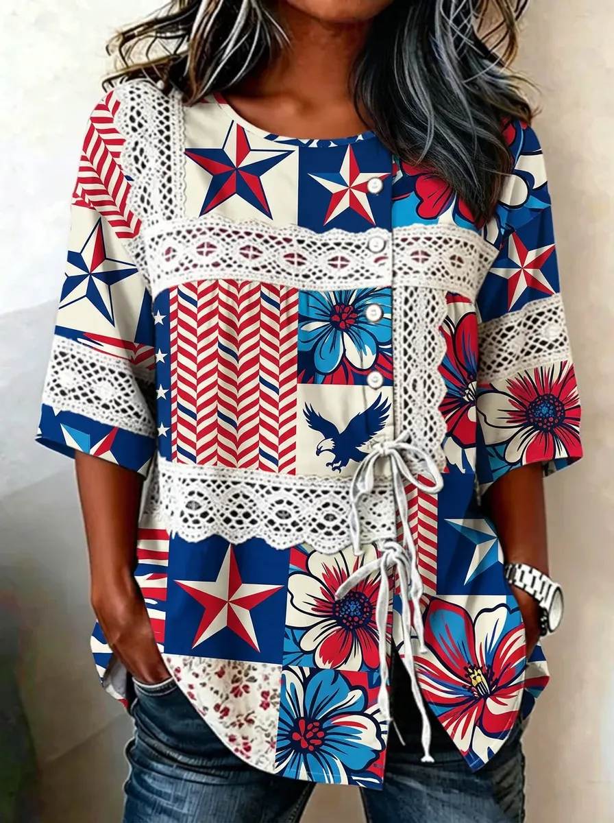 Women's Nashville Patriotic Star Floral Eagle Printed Lace Trim Top