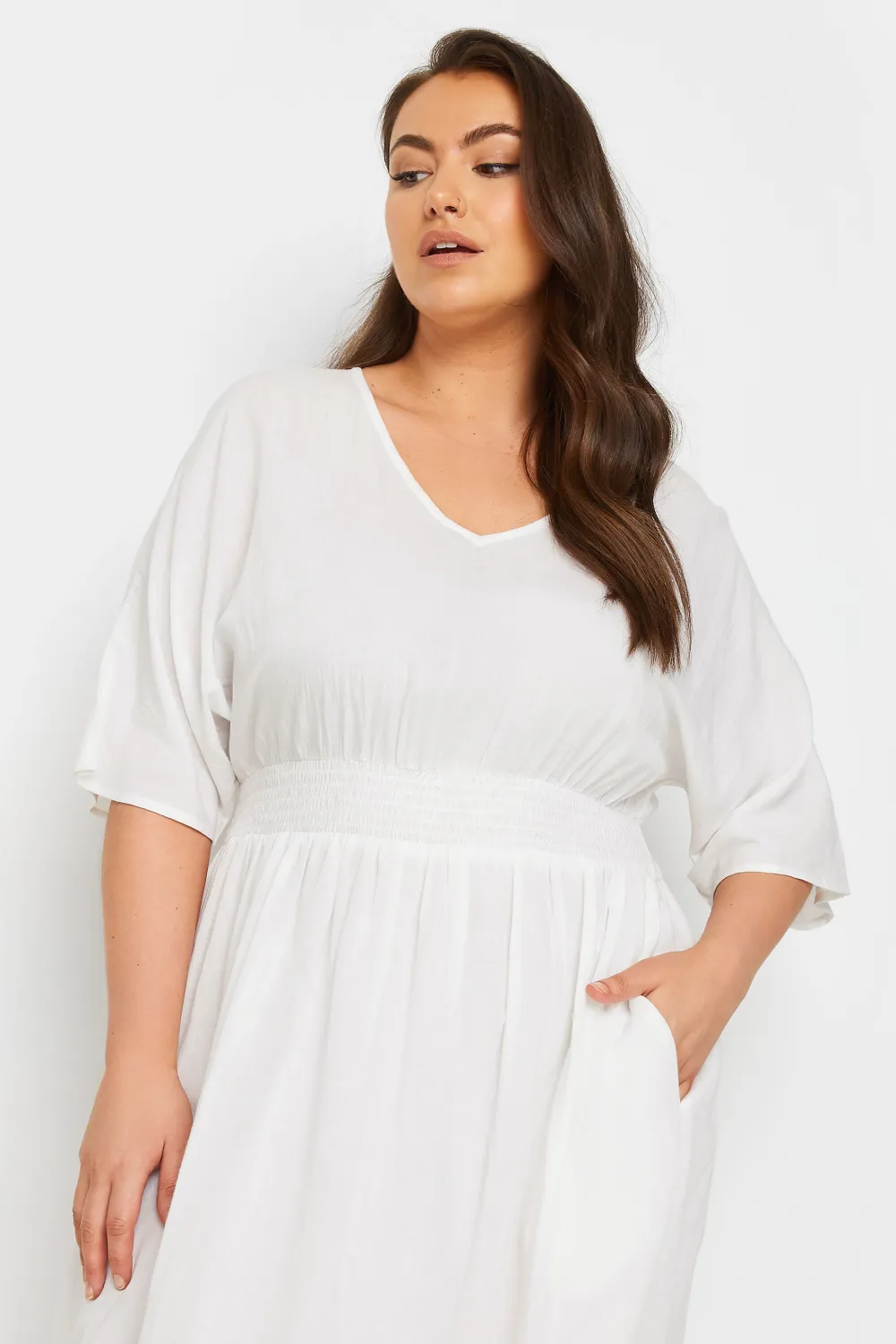YOURS Curve White Linen Shirred Midaxi Dress