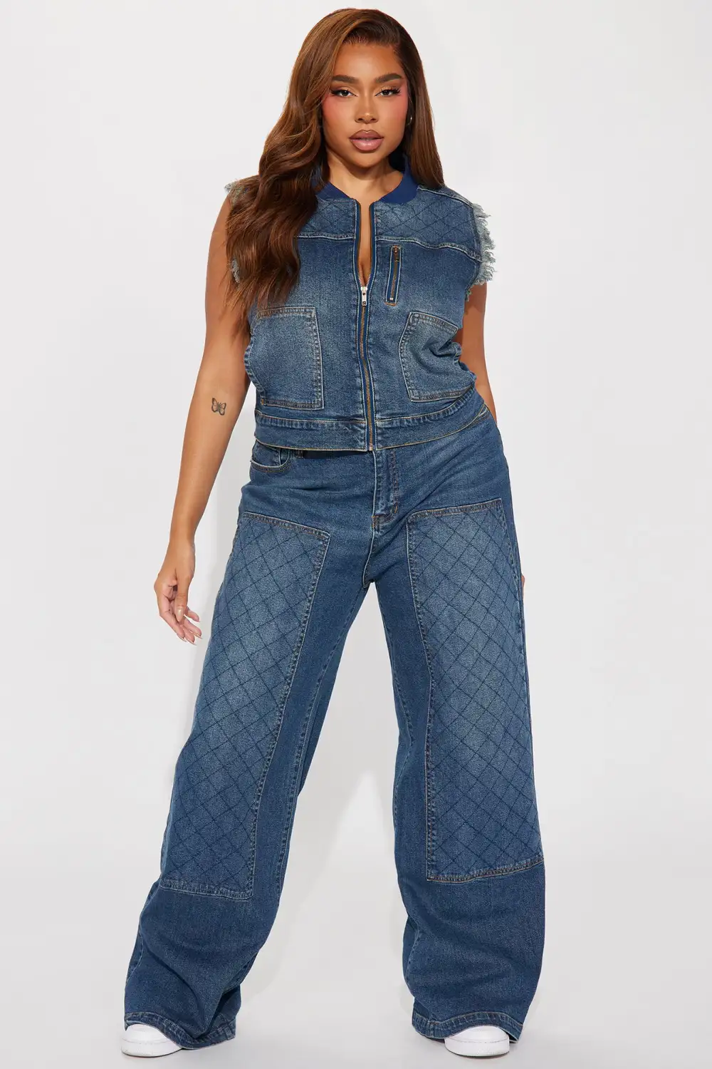 Midnight Streets Quilted Wide Leg Utility Jeans - Dark Wash