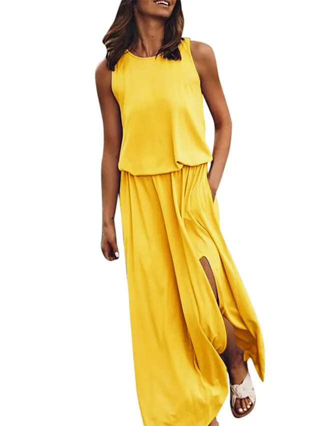 Women's Shift Dress Long Dress Maxi Dress Green Sleeveless Pure Color Split Spring Summer Crew Neck Modern Regular Fit 2023 S M L XL 2XL 3XL 4XL 5XL