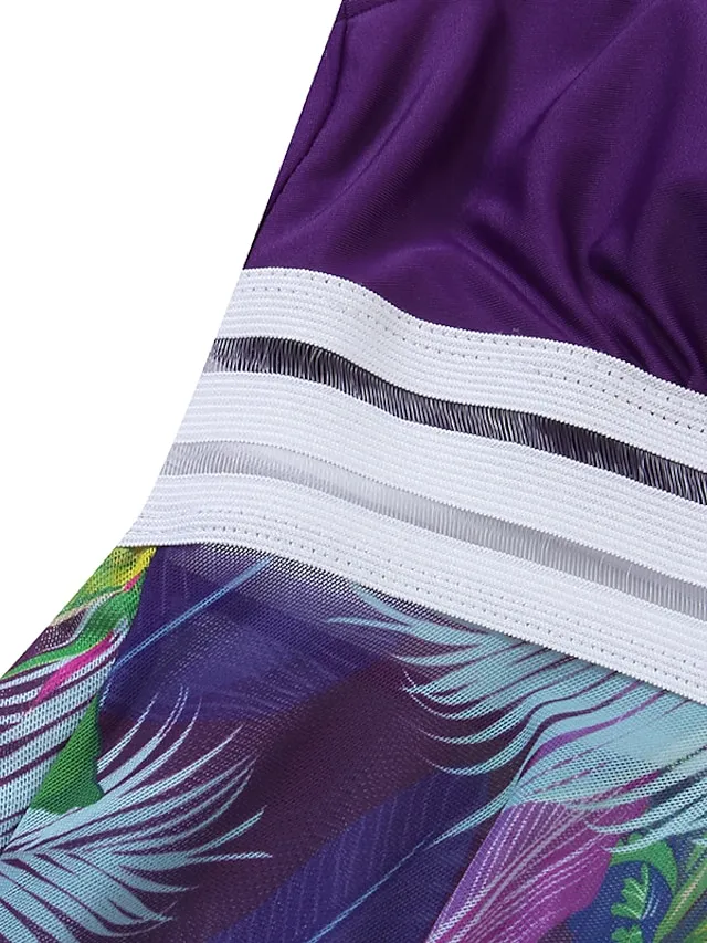 Women's Swimwear Tankini Swim Dress 2 Piece Plus Size Swimsuit 2 Piece Modest Swimwear Open Back Printing for Big Busts Leaf Floral Navy Blue Purple Green Padded V Wire Bathing Suits New Vacation Cute