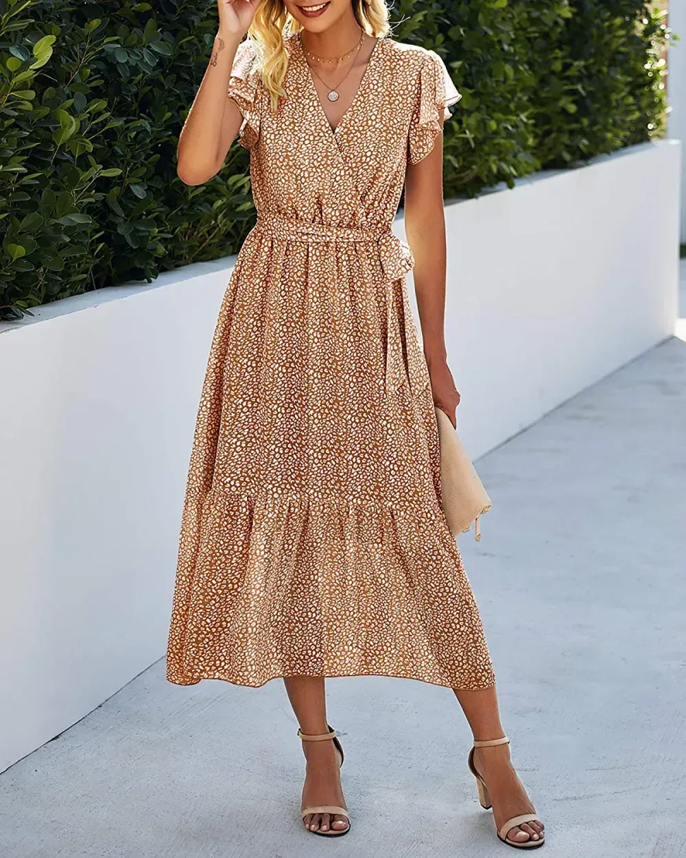 Women Summer Bohemian Floral Casual Wrap V Neck Ruffle Cap Sleeveless Belt A-Line Pleated Hem Swing Midi Sun Dress