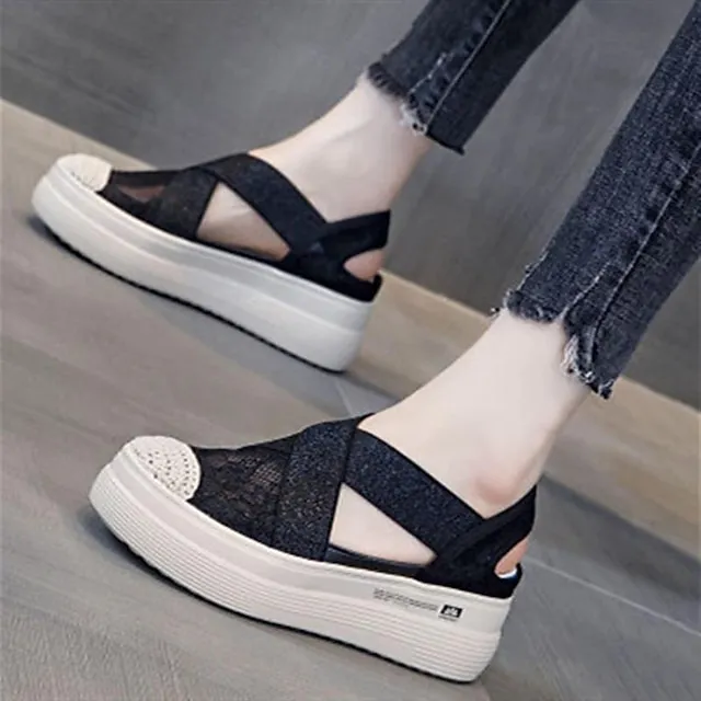 Women's Sandals Comfort Shoes Platform Sandals Daily Summer Flat Heel Vintage Elegant Casual Lace Mesh Loafer Solid Color Black Beige