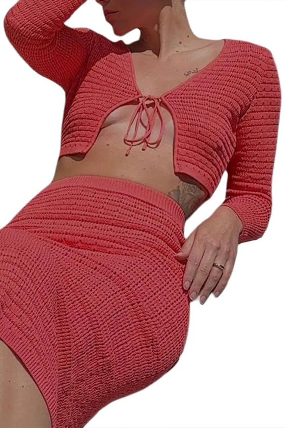 Crochet knitted hollow blouse and long skirt suit