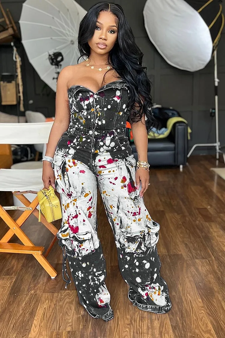 Denim Strapless Splash Ink Print Straight Leg Cargo Jumpsuit-Blue