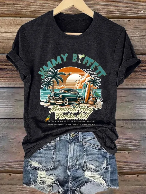 Retro Vacation Palm Trees Memorial Hwy Florida From Key West To Fernandina Beach Three Hundred And Twenty Nine Miles Print T-Shirt