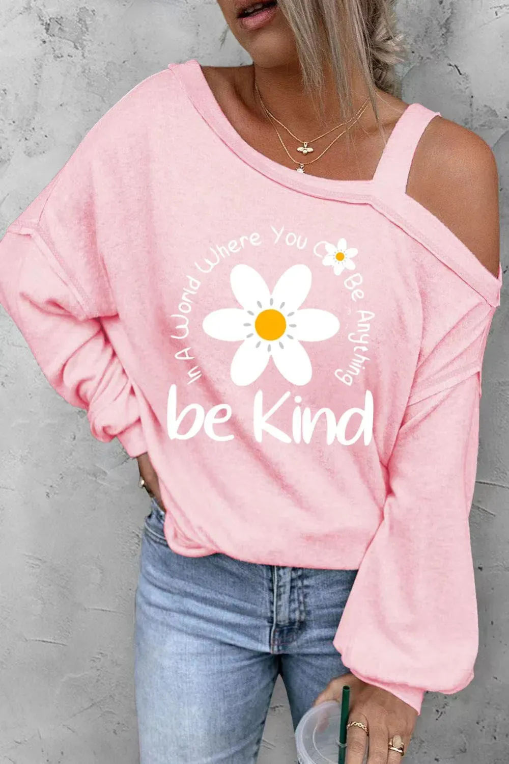 Spring Floral Graphic Asymmetrical Neck Shift Casual Long Sleeve Top