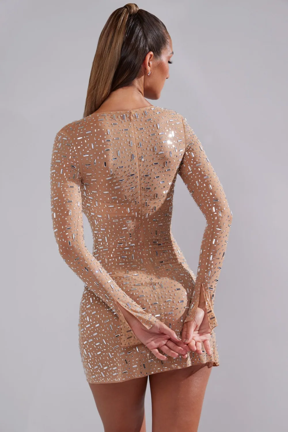 Sheer Embellished Long Sleeve A-Line Mini Dress - Almond