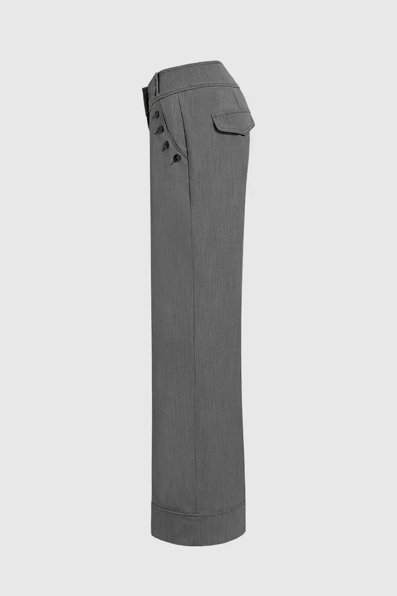 Solid Button Decor Mid Waist Wide Leg Pants