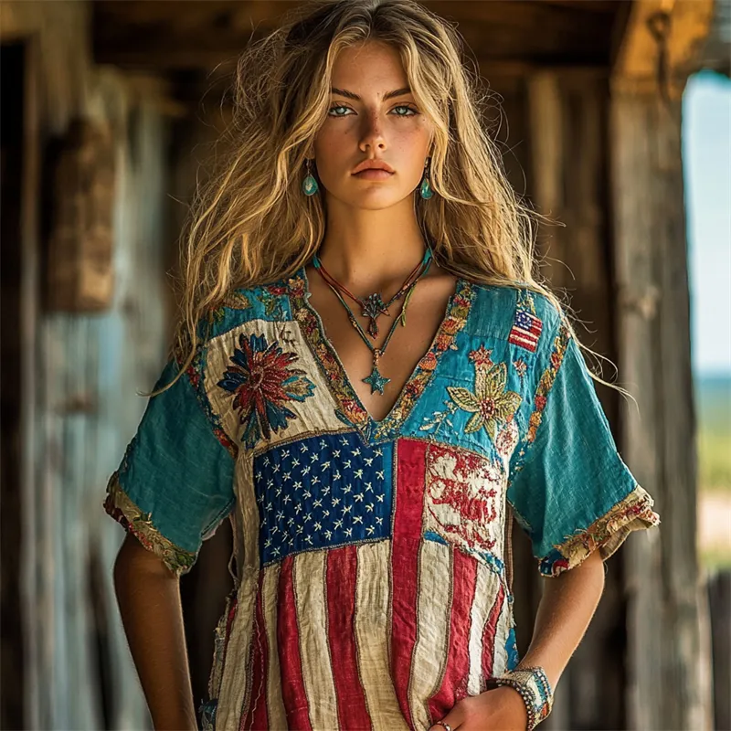Boho Floral Embroidered American Flag Patchwork Linen Shirt