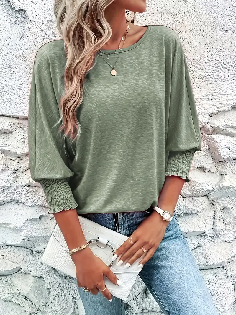 Elegant Women's Lavender Mid-Sleeve T-Shirt - Casual Crew Neck, Soft Polyester Blend with Subtle Cuff Detail, Machine Washable - Ideal for Spring/Summer/Fall