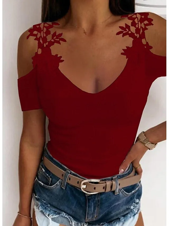 Women's T shirt Tee Going Out Tops Burgundy Tee Concert Tops Black White Wine Plain Lace Cut Out Short Sleeve Casual Weekend Fashion Basic Elegant U Neck Off Shoulder Regular Fit Cold Shoulder