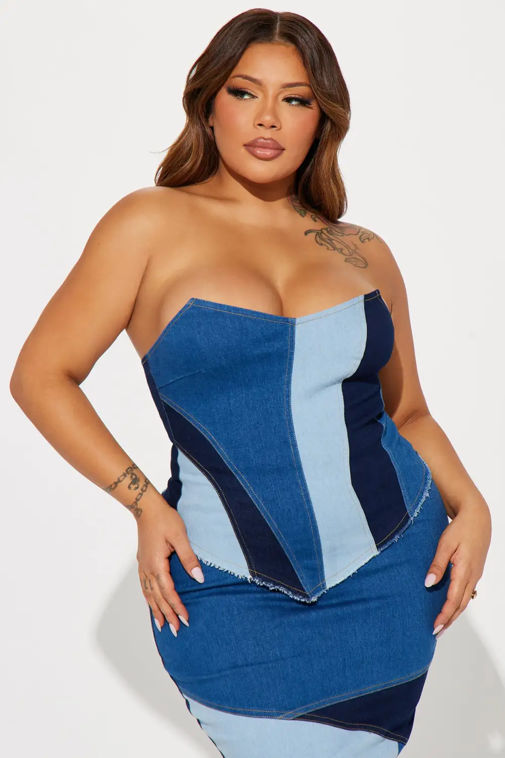 Kamari Denim Colorblock Skirt Set - Dark Wash