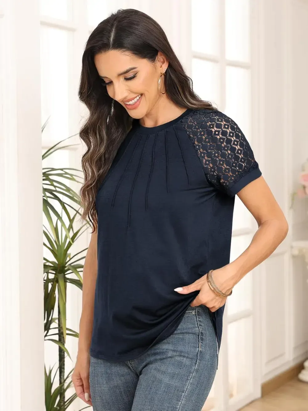 AUTOMET Womens Tshirts Trendy Fashion Tops Lace Short Sleeve Business Tee Shirts Casual Knitted Blouses Summer Outfits 2024